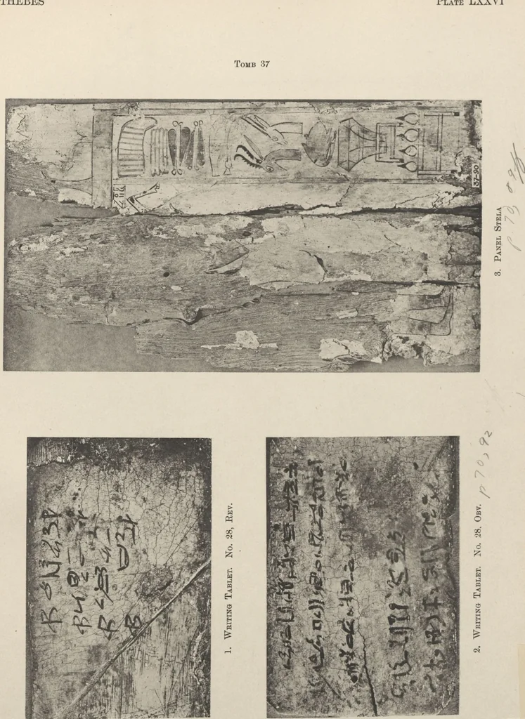 An illustration from Five years' explorations at Thebes : a record of work done 1907-1911 / by the Earl of Carnarvon and Howard Carter, with chapters by F. Ll. Griffith, George Legrain, George Möller, Percy E. Newberry and Wilhelm Spiegelberg ; with seventy-nine plates and frontispiece, 1912, leaf 266