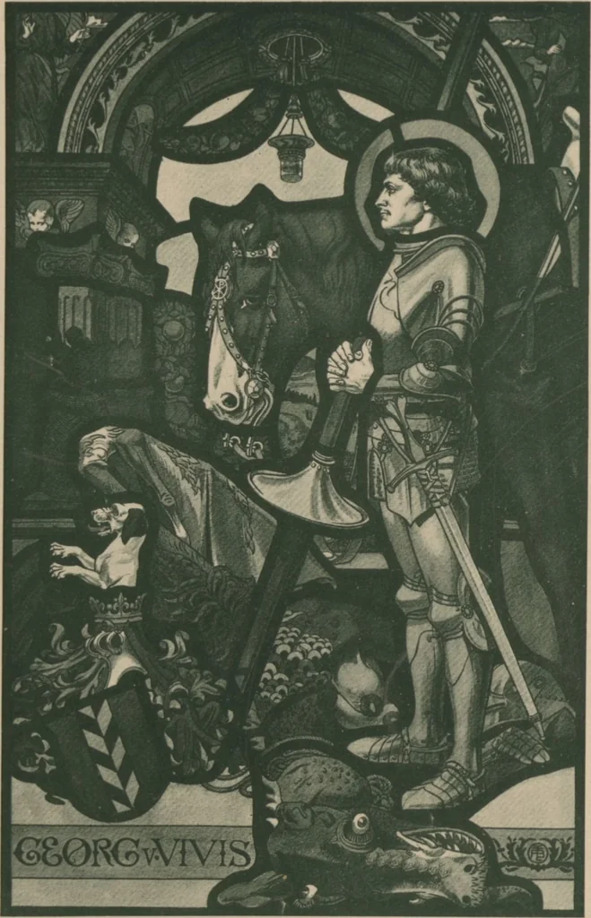 An illustration from Meisterwerke der deutschen Glasmalerei / hrsg. vom Badischen Kunstgewerbe-Verein aus Anlass der im Jahre 1901 stattgefundenen Glasmalerei-ausstellung zu Karlsruhe i. B. 100 Tafeln in Lichtdruck nebst einem Begleitwort von F. S. Meyer, 1903, leaf 131