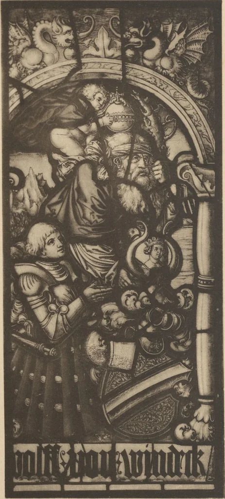 An illustration from Meisterwerke der deutschen Glasmalerei / hrsg. vom Badischen Kunstgewerbe-Verein aus Anlass der im Jahre 1901 stattgefundenen Glasmalerei-ausstellung zu Karlsruhe i. B. 100 Tafeln in Lichtdruck nebst einem Begleitwort von F. S. Meyer, 1903, leaf 199