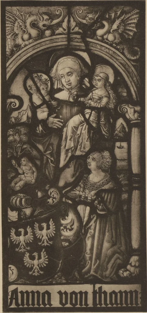 An illustration from Meisterwerke der deutschen Glasmalerei / hrsg. vom Badischen Kunstgewerbe-Verein aus Anlass der im Jahre 1901 stattgefundenen Glasmalerei-ausstellung zu Karlsruhe i. B. 100 Tafeln in Lichtdruck nebst einem Begleitwort von F. S. Meyer, 1903, leaf 199