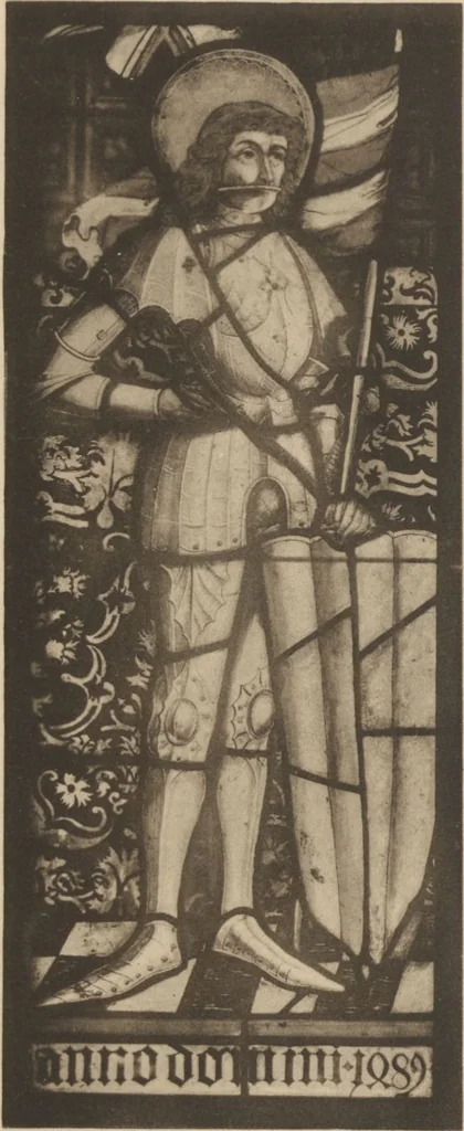 An illustration from Meisterwerke der deutschen Glasmalerei / hrsg. vom Badischen Kunstgewerbe-Verein aus Anlass der im Jahre 1901 stattgefundenen Glasmalerei-ausstellung zu Karlsruhe i. B. 100 Tafeln in Lichtdruck nebst einem Begleitwort von F. S. Meyer, 1903, leaf 21