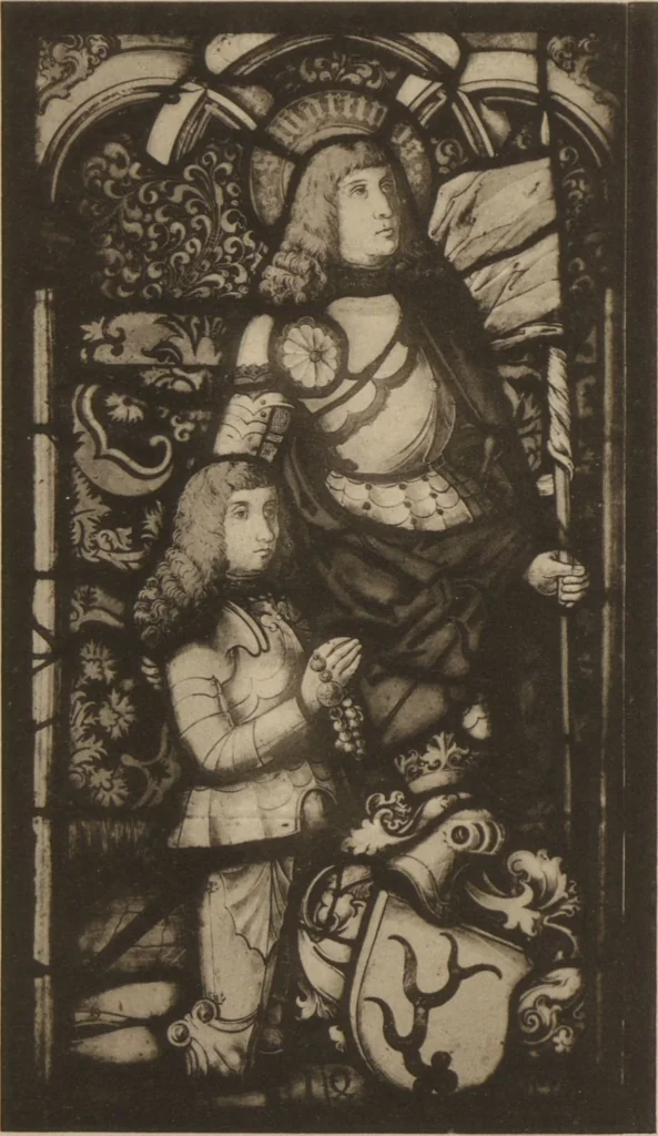 An illustration from Meisterwerke der deutschen Glasmalerei / hrsg. vom Badischen Kunstgewerbe-Verein aus Anlass der im Jahre 1901 stattgefundenen Glasmalerei-ausstellung zu Karlsruhe i. B. 100 Tafeln in Lichtdruck nebst einem Begleitwort von F. S. Meyer, 1903, leaf 21