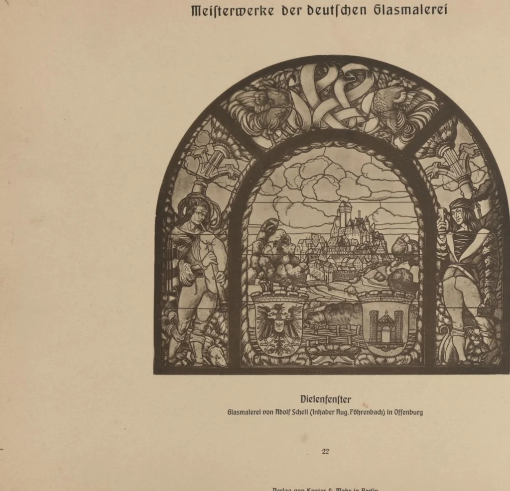 An illustration from Meisterwerke der deutschen Glasmalerei / hrsg. vom Badischen Kunstgewerbe-Verein aus Anlass der im Jahre 1901 stattgefundenen Glasmalerei-ausstellung zu Karlsruhe i. B. 100 Tafeln in Lichtdruck nebst einem Begleitwort von F. S. Meyer, 1903, leaf 57