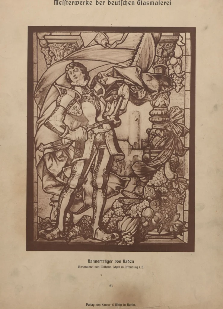 An illustration from Meisterwerke der deutschen Glasmalerei / hrsg. vom Badischen Kunstgewerbe-Verein aus Anlass der im Jahre 1901 stattgefundenen Glasmalerei-ausstellung zu Karlsruhe i. B. 100 Tafeln in Lichtdruck nebst einem Begleitwort von F. S. Meyer, 1903, leaf 59