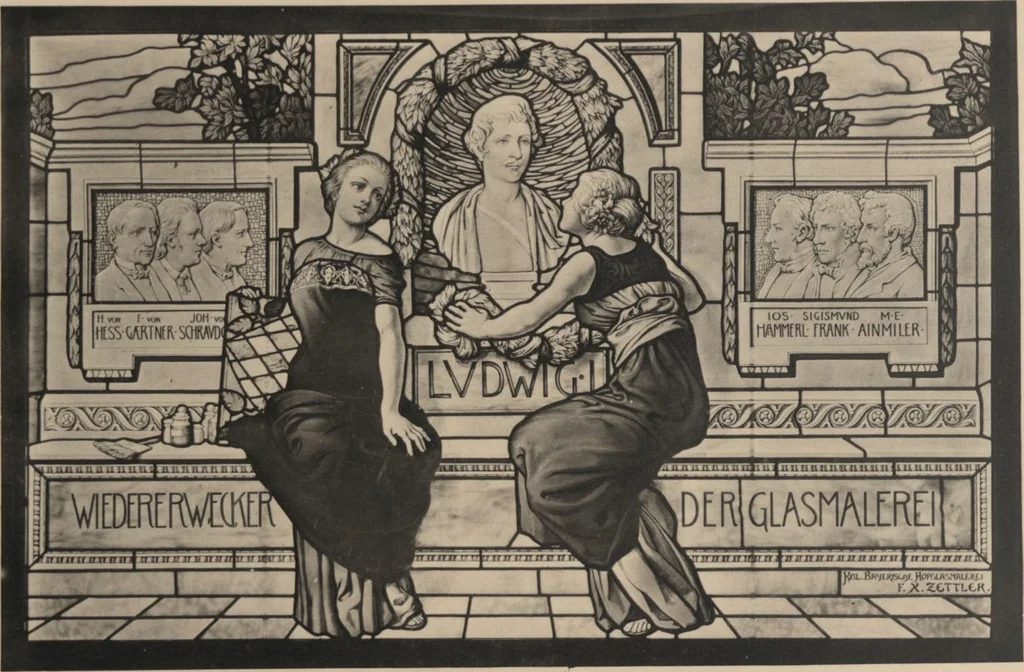 An illustration from Meisterwerke der deutschen Glasmalerei / hrsg. vom Badischen Kunstgewerbe-Verein aus Anlass der im Jahre 1901 stattgefundenen Glasmalerei-ausstellung zu Karlsruhe i. B. 100 Tafeln in Lichtdruck nebst einem Begleitwort von F. S. Meyer, 1903, leaf 73