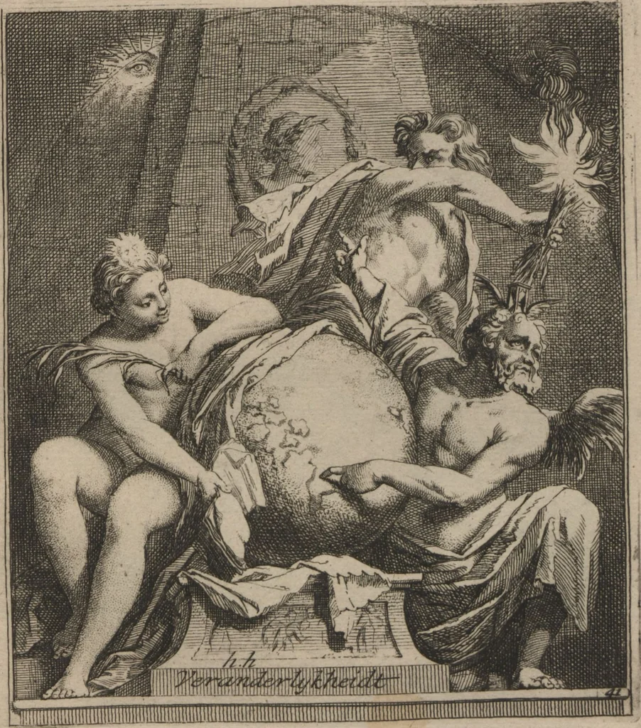 An illustration from Toneel van Sinnebeelden : geopent tot Dienst van Schilders Beelthouders etc / door A. Houbraken, 1736, leaf 91