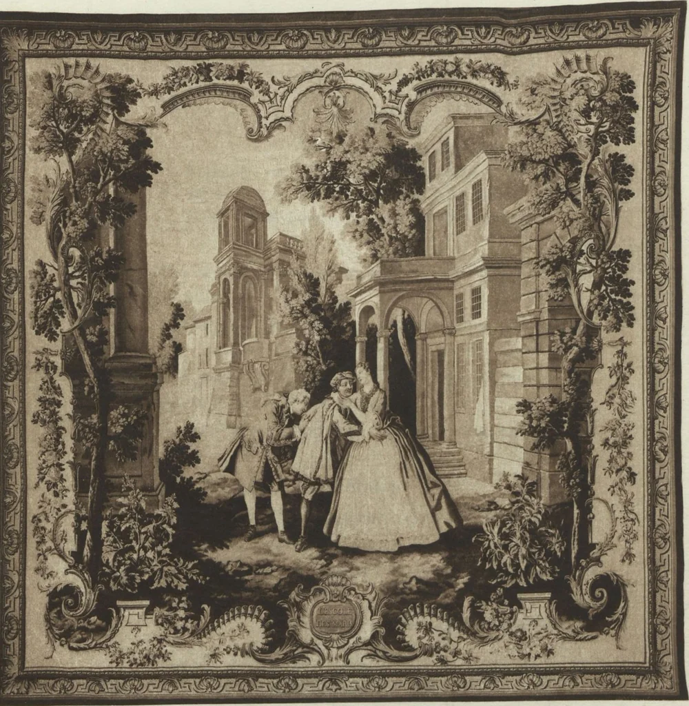 An illustration from The comedies of Molière : tapestries with subjects from the comedies of Molière, executed under Louis XV at the Royal Manufactory of Beauvais after cartoons by Jean Baptiste Oudry (1686-1755) and woven under the supervision of N. Besnier, 1686, leaf 13