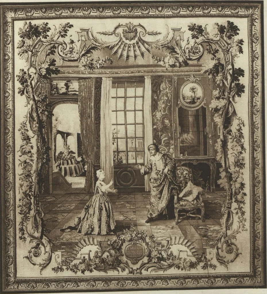 An illustration from The comedies of Molière : tapestries with subjects from the comedies of Molière, executed under Louis XV at the Royal Manufactory of Beauvais after cartoons by Jean Baptiste Oudry (1686-1755) and woven under the supervision of N. Besnier, 1686, leaf 17