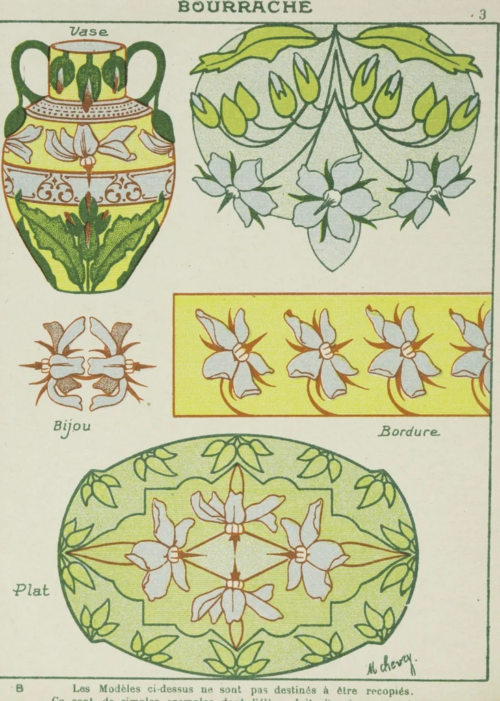 An illustration from L'ecolier décorateur 2 : application du programme officiel du 27, Juillet 1909 : 6 cahiers petits exercices progressifs et variés de composition décorative en couleurs à l'usage des ecoles primaires / par M. Chevry, artiste, peintre, professeur, 1909, leaf 4