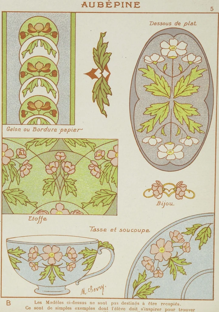 An illustration from L'ecolier décorateur 2 : application du programme officiel du 27, Juillet 1909 : 6 cahiers petits exercices progressifs et variés de composition décorative en couleurs à l'usage des ecoles primaires / par M. Chevry, artiste, peintre, professeur, 1909, leaf 6
