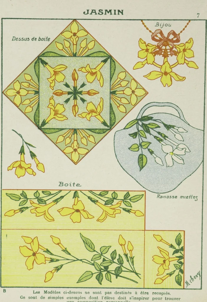 An illustration from L'ecolier décorateur 2 : application du programme officiel du 27, Juillet 1909 : 6 cahiers petits exercices progressifs et variés de composition décorative en couleurs à l'usage des ecoles primaires / par M. Chevry, artiste, peintre, professeur, 1909, leaf 8