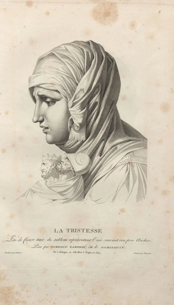 An illustration from Collections de têtes d'expressions représentant les différentes passions de l'ame : dessinées d'après les tableaux du Musée central des arts de Paris / par Jph. et Ane. Sauvage dit Lemire dédiées au citoyen Chaptel, ministère de l'Interior par J.J.F. Tassaert, 1803, leaf 17
