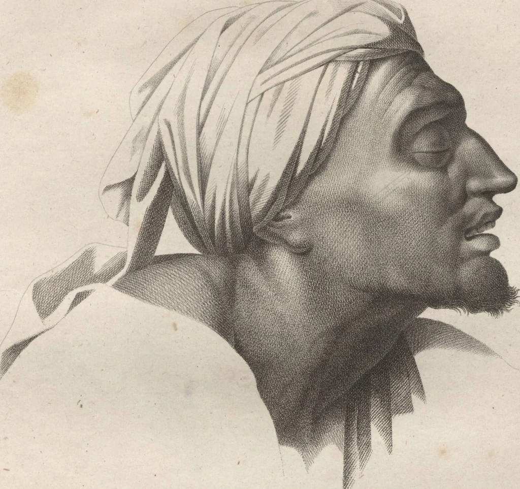 An illustration from Collections de têtes d'expressions représentant les différentes passions de l'ame : dessinées d'après les tableaux du Musée central des arts de Paris / par Jph. et Ane. Sauvage dit Lemire dédiées au citoyen Chaptel, ministère de l'Interior par J.J.F. Tassaert, 1803, leaf 25