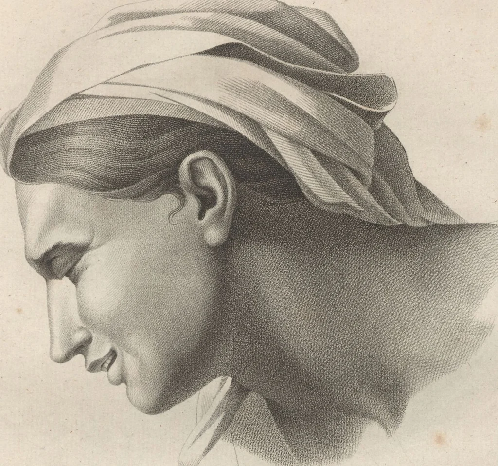 An illustration from Collections de têtes d'expressions représentant les différentes passions de l'ame : dessinées d'après les tableaux du Musée central des arts de Paris / par Jph. et Ane. Sauvage dit Lemire dédiées au citoyen Chaptel, ministère de l'Interior par J.J.F. Tassaert, 1803, leaf 29