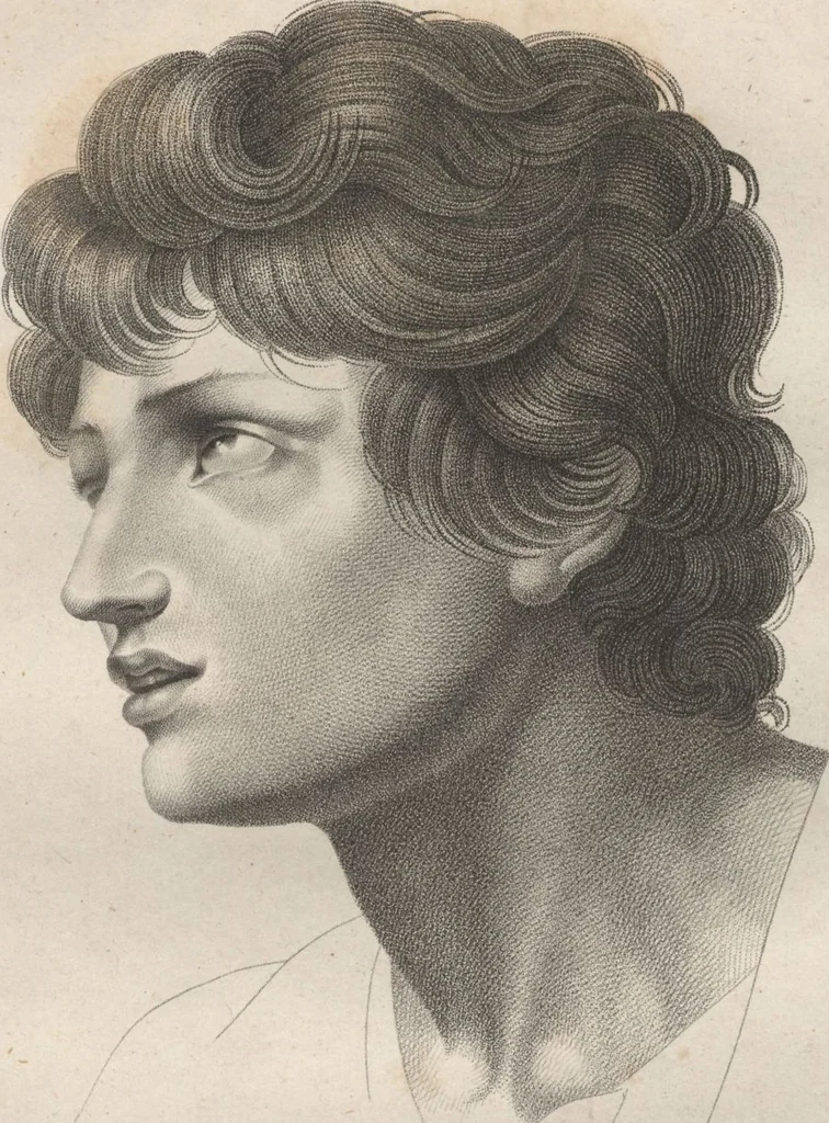 An illustration from Collections de têtes d'expressions représentant les différentes passions de l'ame : dessinées d'après les tableaux du Musée central des arts de Paris / par Jph. et Ane. Sauvage dit Lemire dédiées au citoyen Chaptel, ministère de l'Interior par J.J.F. Tassaert, 1803, leaf 33
