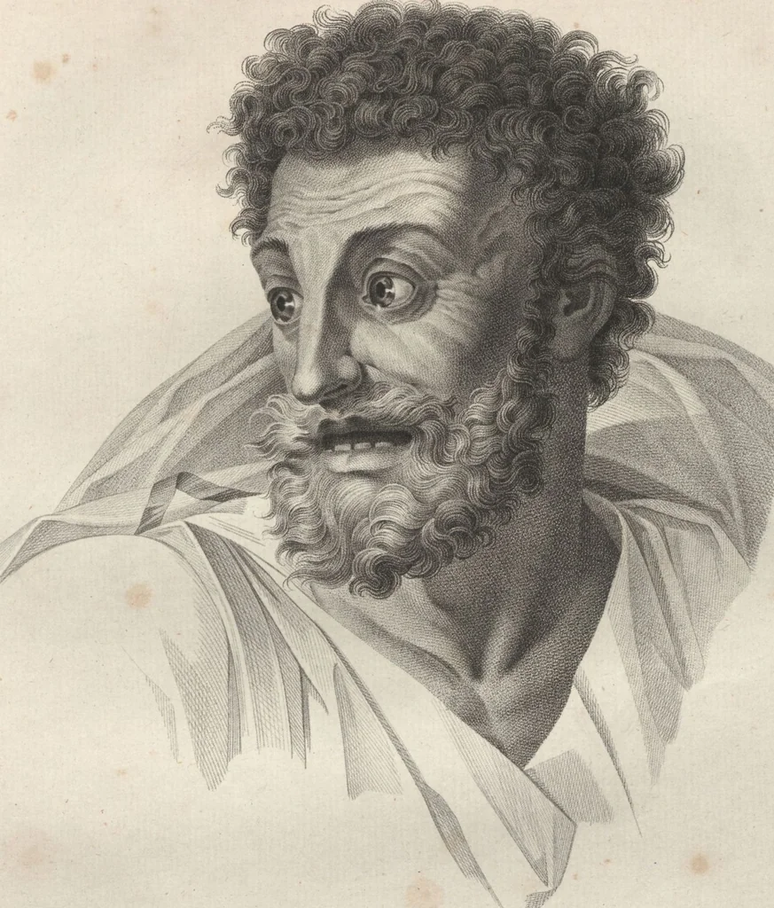An illustration from Collections de têtes d'expressions représentant les différentes passions de l'ame : dessinées d'après les tableaux du Musée central des arts de Paris / par Jph. et Ane. Sauvage dit Lemire dédiées au citoyen Chaptel, ministère de l'Interior par J.J.F. Tassaert, 1803, leaf 37