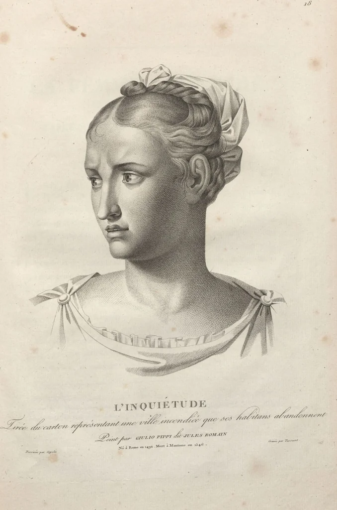 An illustration from Collections de têtes d'expressions représentant les différentes passions de l'ame : dessinées d'après les tableaux du Musée central des arts de Paris / par Jph. et Ane. Sauvage dit Lemire dédiées au citoyen Chaptel, ministère de l'Interior par J.J.F. Tassaert, 1803, leaf 47