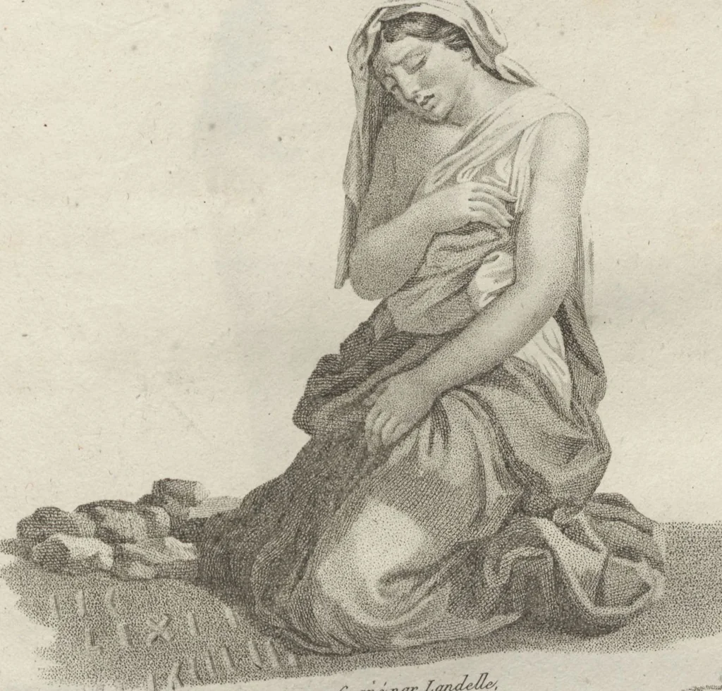 An illustration from Collections de têtes d'expressions représentant les différentes passions de l'ame : dessinées d'après les tableaux du Musée central des arts de Paris / par Jph. et Ane. Sauvage dit Lemire dédiées au citoyen Chaptel, ministère de l'Interior par J.J.F. Tassaert, 1803, leaf 53