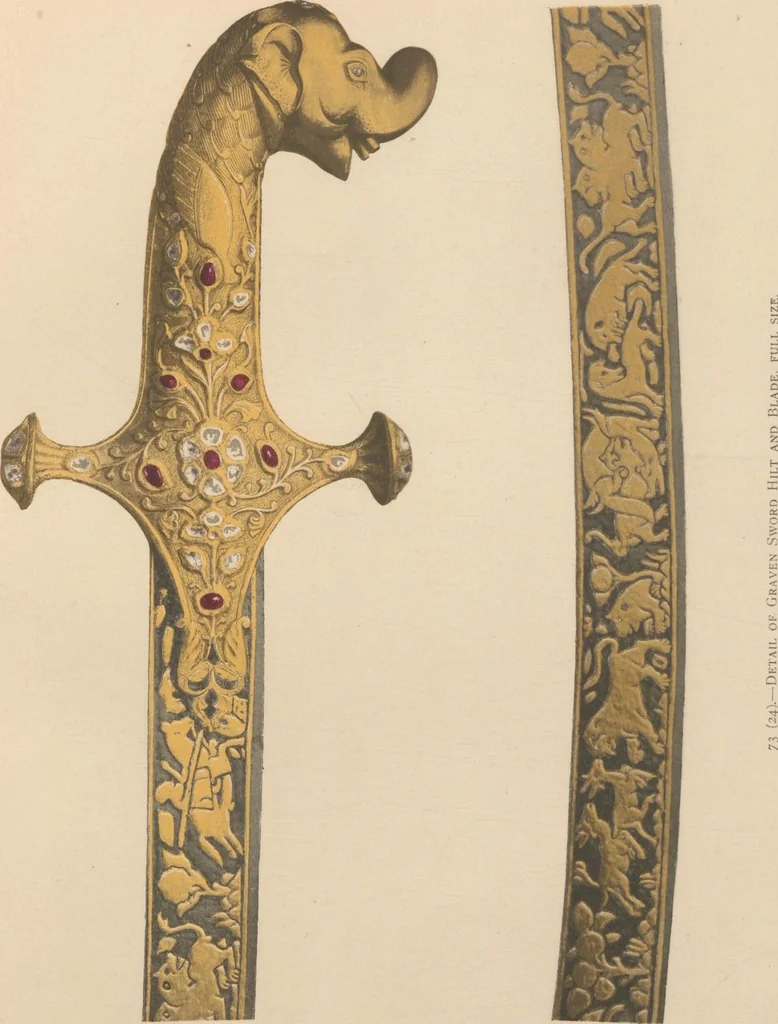 An illustration from Catalogue of the collection of Indian arms and objects of art presented by the princes and nobles of India to H.R.H. the Prince of Wales ... on the occasion of his visit to India in 1875-1876 ; now in the Indian Room at Marlborough House, 1898, leaf 24