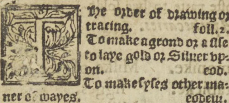 An illustration from A very proper treatise : wherein is briefly set foorth the art of limming, which teacheth the order in drawing and tracing of leters, vinets, flowers, armes, and imagerye : and the maner how to make sundry syses or groundes to lay siluer or gold vpon, and how siluer or golde shall be layed or limmed vpon the syse, and the waye to temper gold and siluer and other mettals and diuerse kindes of colours to write or to limme withall vppon velym, parchment or paper, 1588, leaf 24