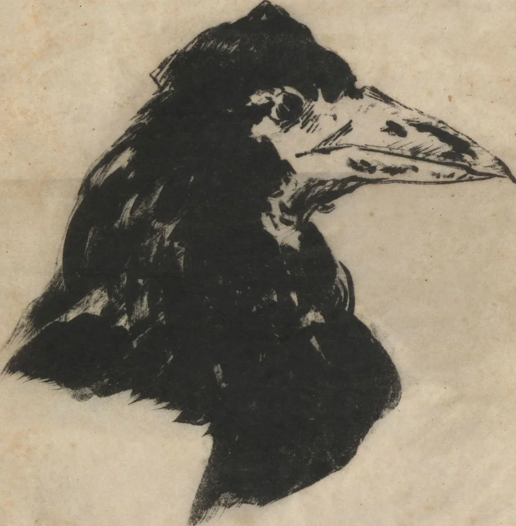 An illustration from Le corbeau = The raven : poëme / par Edgar Poe ; traduction française de Stéphane Mallarmé ; avec illustrations par Édouard Manet, 1875, leaf 1