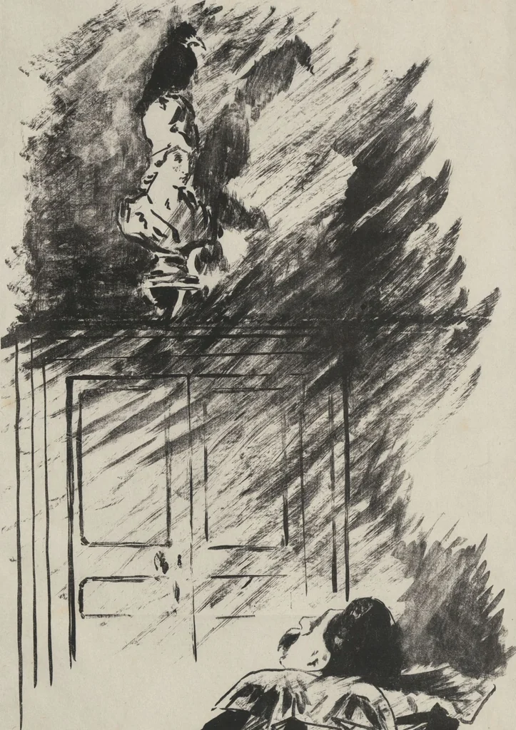 An illustration from Le corbeau = The raven : poëme / par Edgar Poe ; traduction française de Stéphane Mallarmé ; avec illustrations par Édouard Manet, 1875, leaf 11
