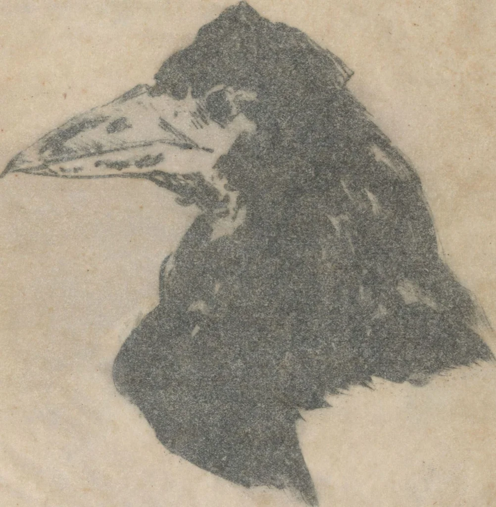 An illustration from Le corbeau = The raven : poëme / par Edgar Poe ; traduction française de Stéphane Mallarmé ; avec illustrations par Édouard Manet, 1875, leaf 2
