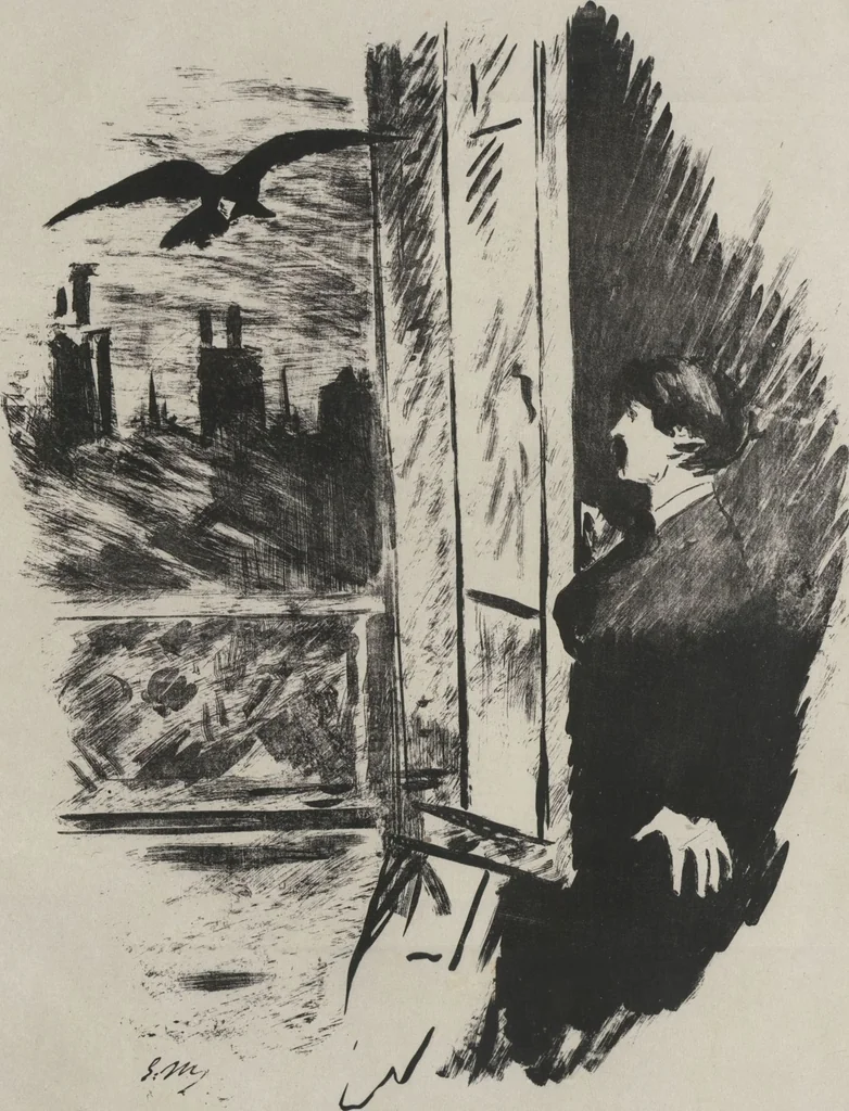 An illustration from Le corbeau = The raven : poëme / par Edgar Poe ; traduction française de Stéphane Mallarmé ; avec illustrations par Édouard Manet, 1875, leaf 7