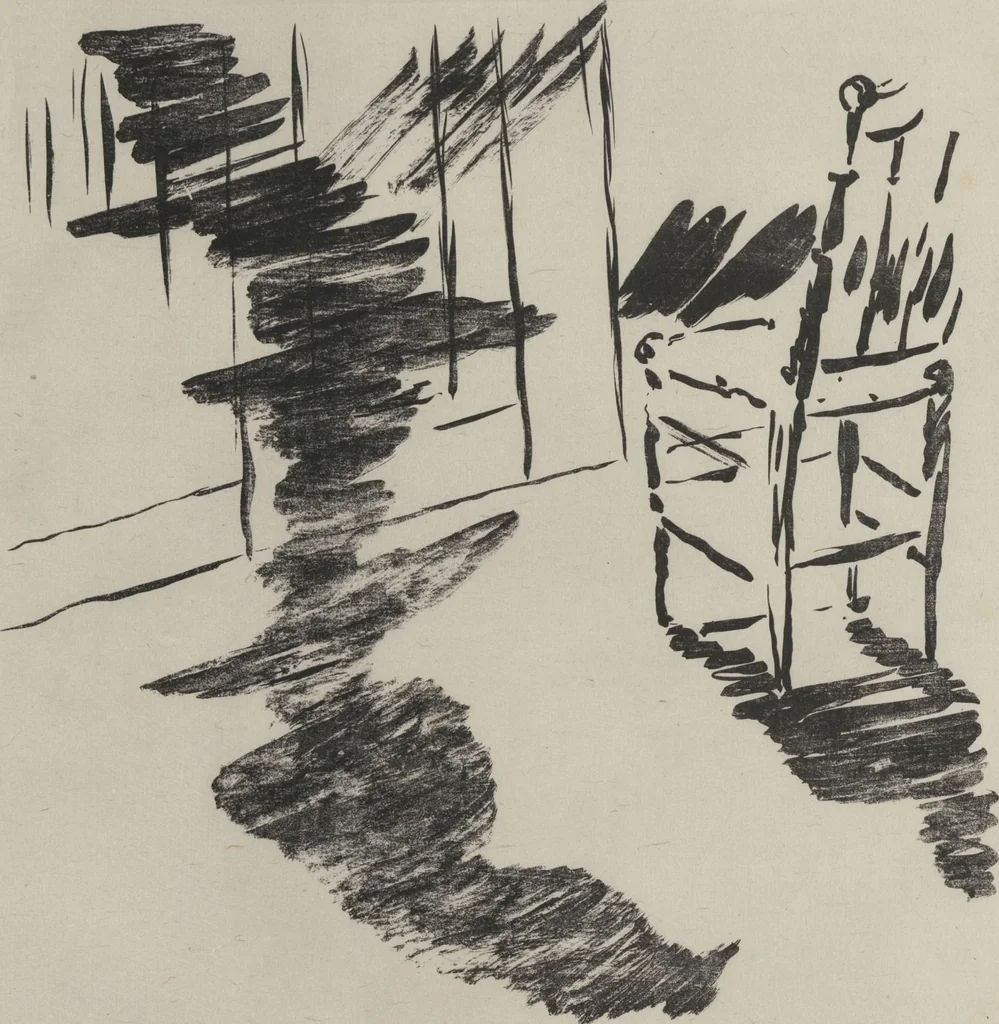 An illustration from Le corbeau = The raven : poëme / par Edgar Poe ; traduction française de Stéphane Mallarmé ; avec illustrations par Édouard Manet, 1875, leaf 9