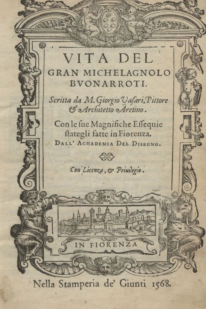 An illustration from Vita del gran Michelagnolo Bvonarroti / scritta da M. Giorgio Vasari, pittore & architetto aretino con le sue magnifiche essequie stategli fatte in Fiorenza, dall'Achademia del disegno, 1568, leaf 5
