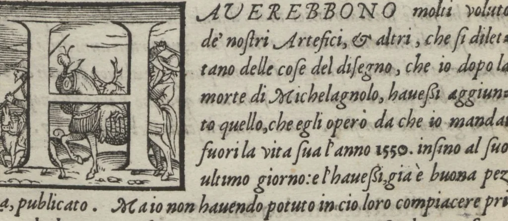 An illustration from Vita del gran Michelagnolo Bvonarroti / scritta da M. Giorgio Vasari, pittore & architetto aretino con le sue magnifiche essequie stategli fatte in Fiorenza, dall'Achademia del disegno, 1568, leaf 7