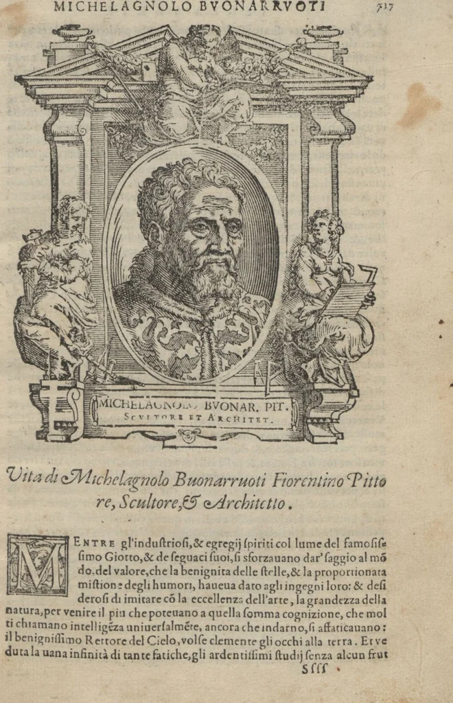 An illustration from Vita del gran Michelagnolo Bvonarroti / scritta da M. Giorgio Vasari, pittore & architetto aretino con le sue magnifiche essequie stategli fatte in Fiorenza, dall'Achademia del disegno, 1568, leaf 9