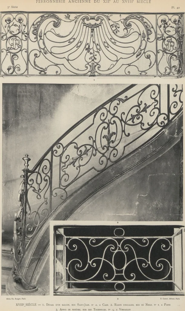 An illustration from Documents de ferronnerie ancienne du XIIe au XVIIIe siècle : recueil de 40 planches comprenant plus de 100 documents de ferronnerie monumentale et de serrurerie fine ..., 1922, leaf 44