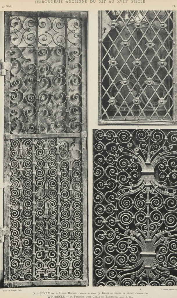 An illustration from Documents de ferronnerie ancienne du XIIe au XVIIIe siècle : recueil de 40 planches comprenant plus de 100 documents de ferronnerie monumentale et de serrurerie fine ..., 1922, leaf 9