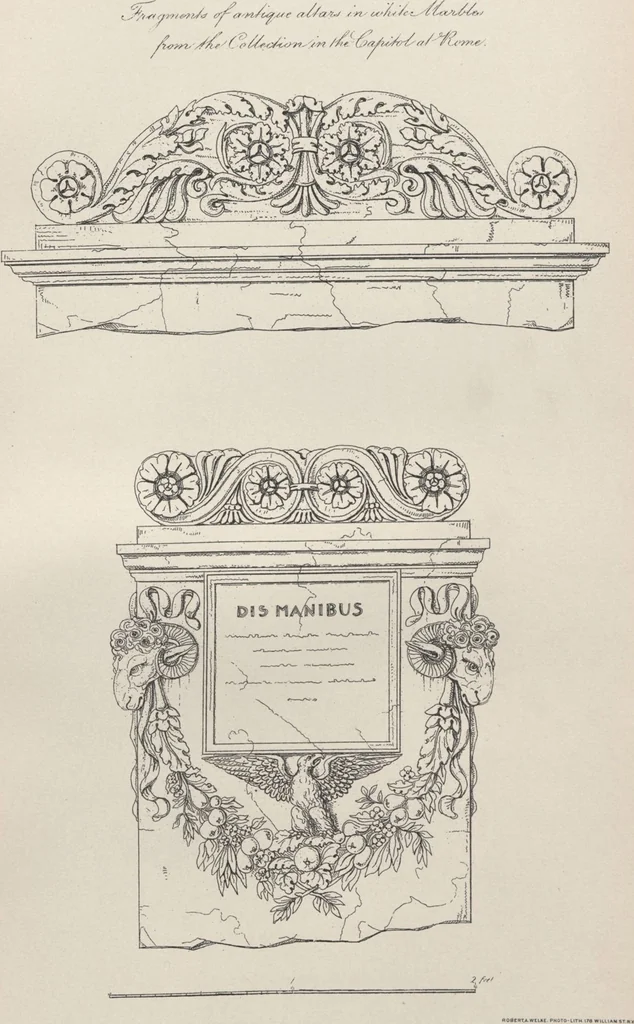 An illustration from Etchings, representing the best examples of ancient ornamental architecture : drawn from the originals in Rome, and other parts of Italy, during the years 1794, 1795 and 1796. by Charles Heathcote Tatham, architect facsimile reproduction by photo-lithography, 1890, leaf 16