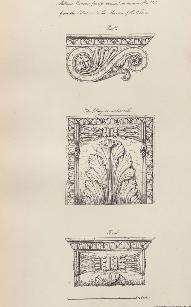 An illustration from Etchings, representing the best examples of ancient ornamental architecture : drawn from the originals in Rome, and other parts of Italy, during the years 1794, 1795 and 1796. by Charles Heathcote Tatham, architect facsimile reproduction by photo-lithography, 1890, leaf 42