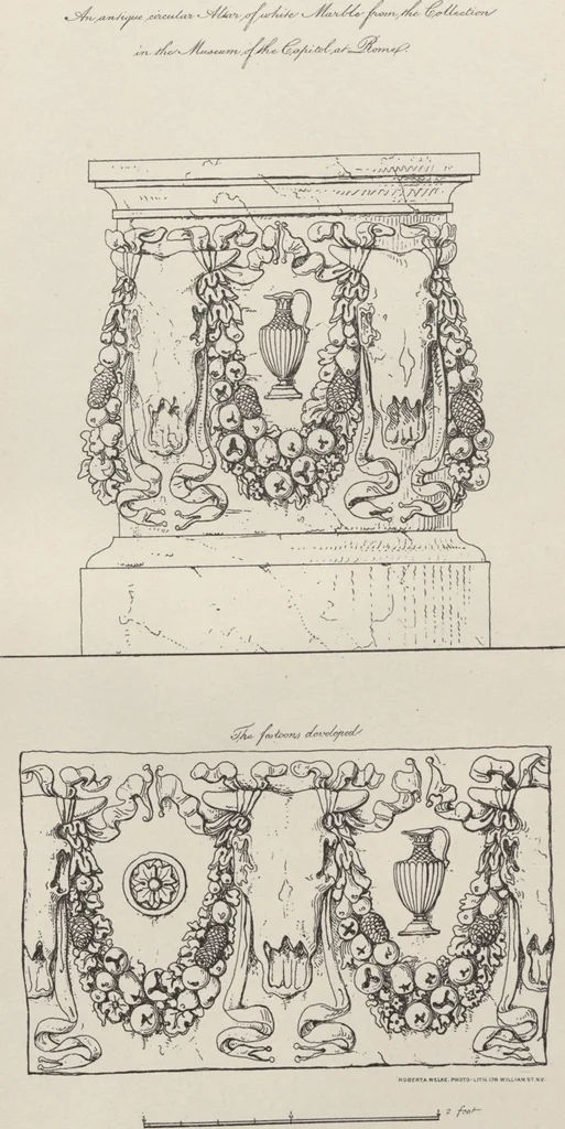 An illustration from Etchings, representing the best examples of ancient ornamental architecture : drawn from the originals in Rome, and other parts of Italy, during the years 1794, 1795 and 1796. by Charles Heathcote Tatham, architect facsimile reproduction by photo-lithography, 1890, leaf 49