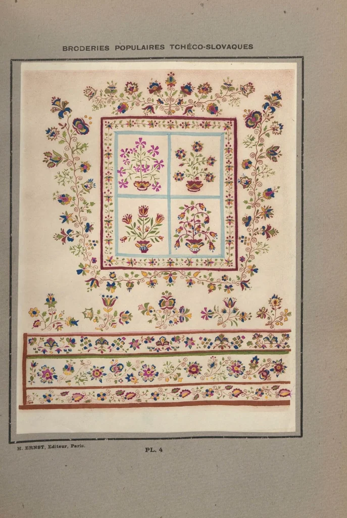 An illustration from Czecho-slovak peasant art ... : peasant embroideries, lace and wall decorations, 1921, leaf 9