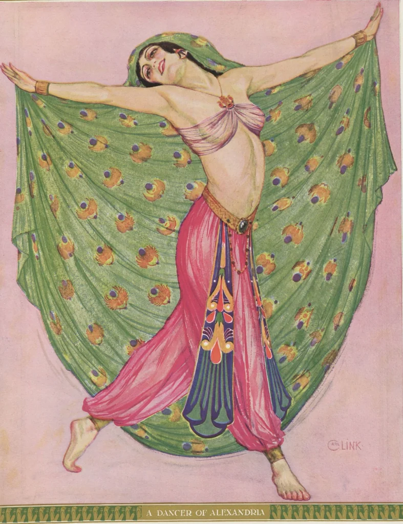 An illustration from Aphrodite : a romance of ancient Egypt / play by Pierre Frondaie and George C. Hazelton ; founded on the novel [by] Pierre Louys ; story novelized by William A. Page ; book illustrated by Carl Link, 1919, leaf 12