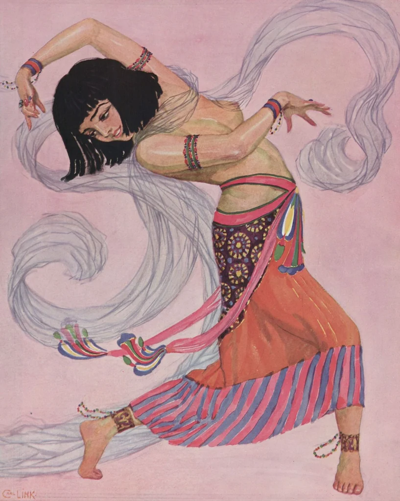An illustration from Aphrodite : a romance of ancient Egypt / play by Pierre Frondaie and George C. Hazelton ; founded on the novel [by] Pierre Louys ; story novelized by William A. Page ; book illustrated by Carl Link, 1919, leaf 31