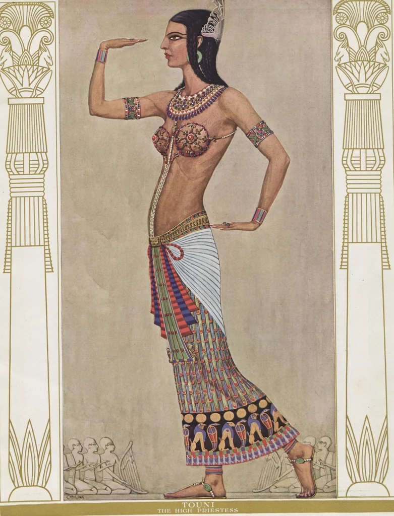 An illustration from Aphrodite : a romance of ancient Egypt / play by Pierre Frondaie and George C. Hazelton ; founded on the novel [by] Pierre Louys ; story novelized by William A. Page ; book illustrated by Carl Link, 1919, leaf 8