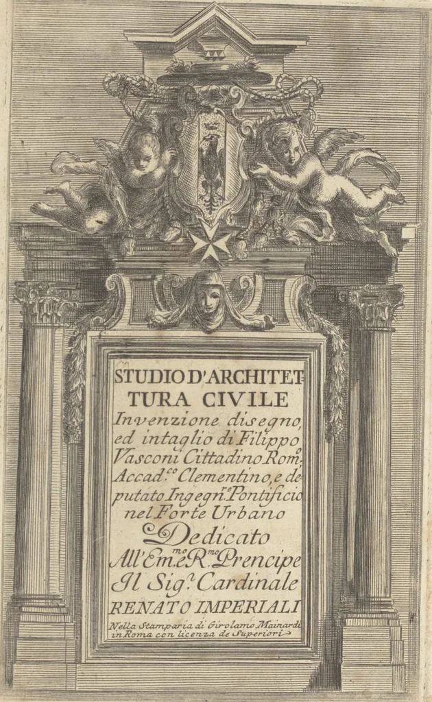 An illustration from Studio d'architettura civile / invenzione disegno, ed intaglio di Filippo Vasconi, cittadino Rom° ... [i.e., Romano], 1725, leaf 1