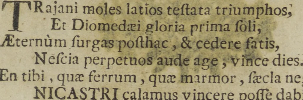 An illustration from Descrizione del celebre Arco : eretto in Benevento a Marco Ulpio Trajano, XIV. imperadore, dal senato, e populo di Roma nell'anno del Signore 112. Col compendio delle antiche, e moderne memorie di detta città di Benevento, e delle gloriose geste del medesimo imperadore / opera di Giovanni di Nicastro ., 1723, leaf 13