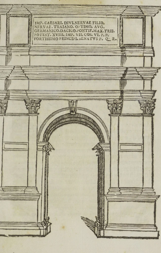 An illustration from Descrizione del celebre Arco : eretto in Benevento a Marco Ulpio Trajano, XIV. imperadore, dal senato, e populo di Roma nell'anno del Signore 112. Col compendio delle antiche, e moderne memorie di detta città di Benevento, e delle gloriose geste del medesimo imperadore / opera di Giovanni di Nicastro ., 1723, leaf 33