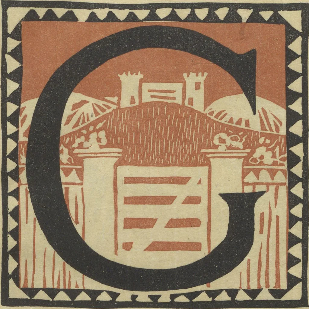 An illustration from Letters designed and cut on linoleum blocks / by the Lettering class of Teachers College, Columbia University, 1920, 1920, leaf 10