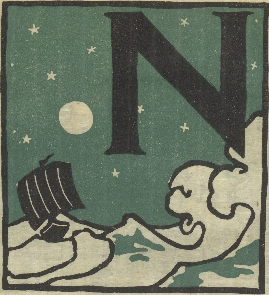An illustration from Letters designed and cut on linoleum blocks / by the Lettering class of Teachers College, Columbia University, 1920, 1920, leaf 17