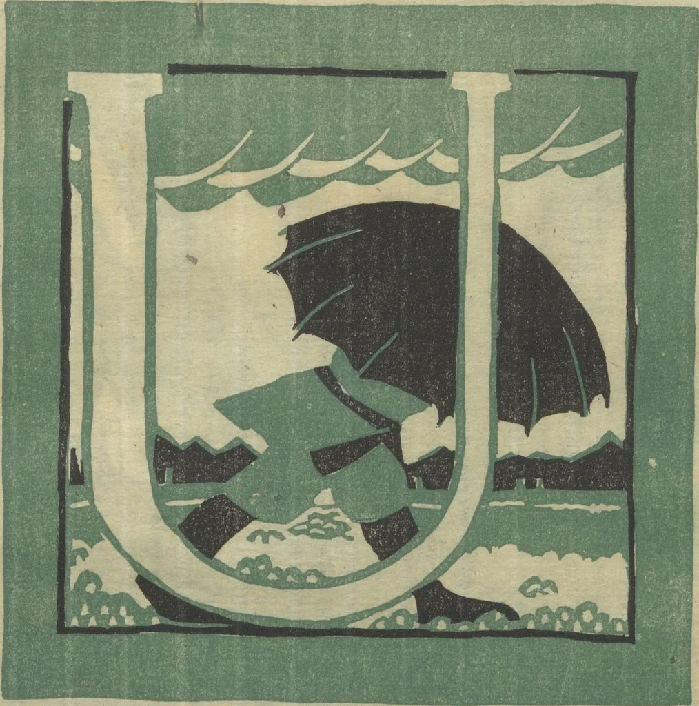 An illustration from Letters designed and cut on linoleum blocks / by the Lettering class of Teachers College, Columbia University, 1920, 1920, leaf 24