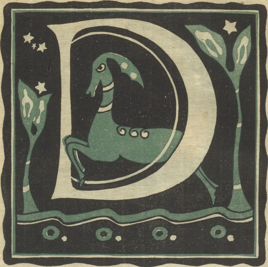 An illustration from Letters designed and cut on linoleum blocks / by the Lettering class of Teachers College, Columbia University, 1920, 1920, leaf 7
