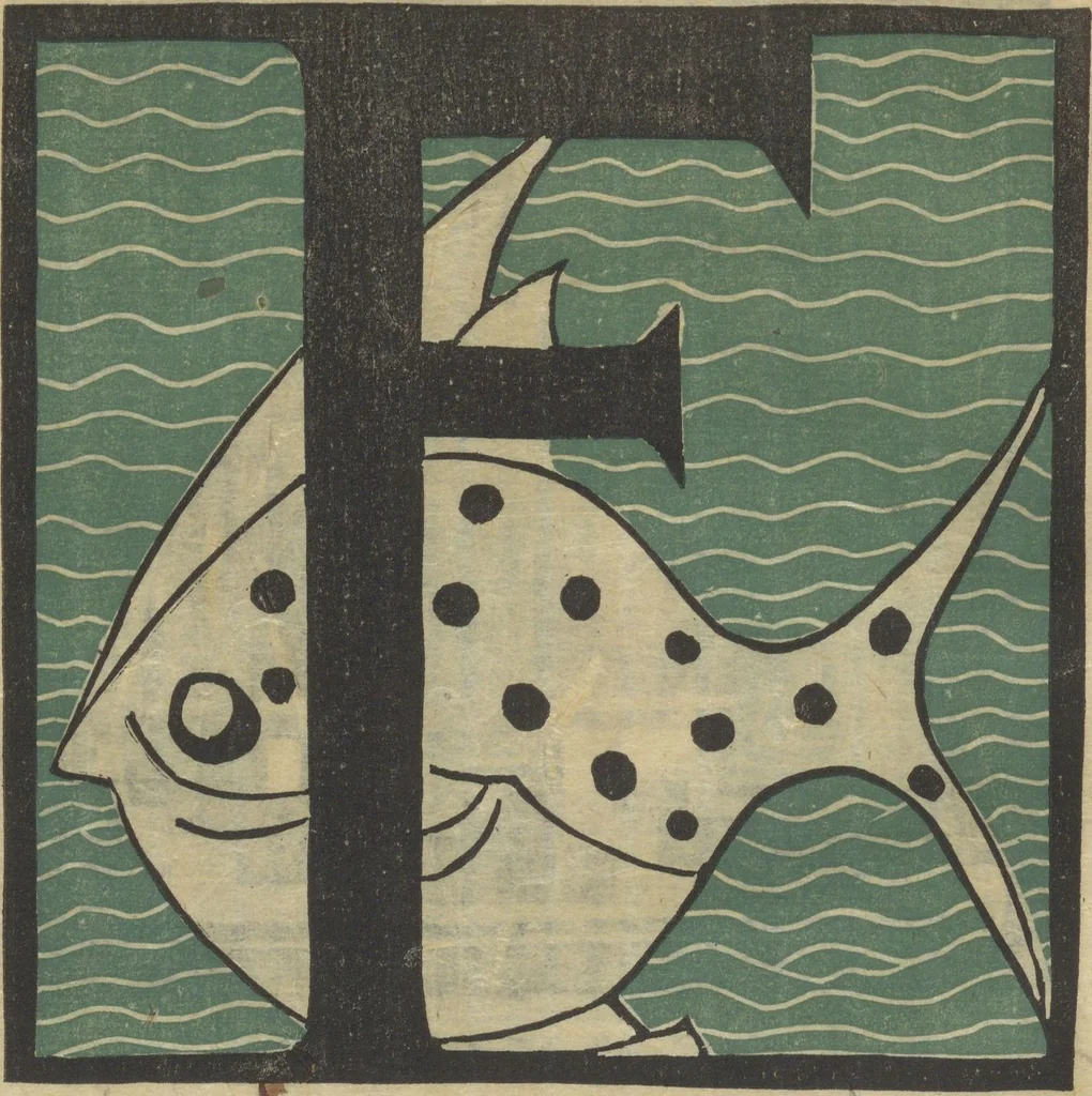 An illustration from Letters designed and cut on linoleum blocks / by the Lettering class of Teachers College, Columbia University, 1920, 1920, leaf 9