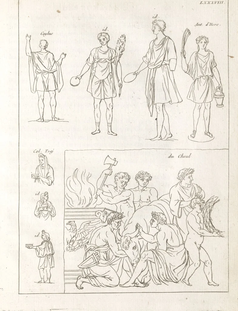 An illustration from Recherches sur les costumes, les moeurs, les usages religieux, civils et militaires des anciens peuples : [Volume 1] / par J. Mailliot, ... publié par P. Martin, 1809, leaf 505